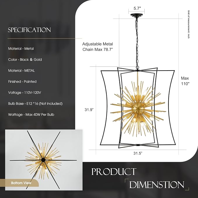 Modern 31.5" Black Gold Sputnik Chandelier for Dining Room Industrial Retro Geometric 16-Light Large Ceiling Pendant Light Fixture for Kitchen Bedroom Living Room Hallway Entryway Foyer - Image 2