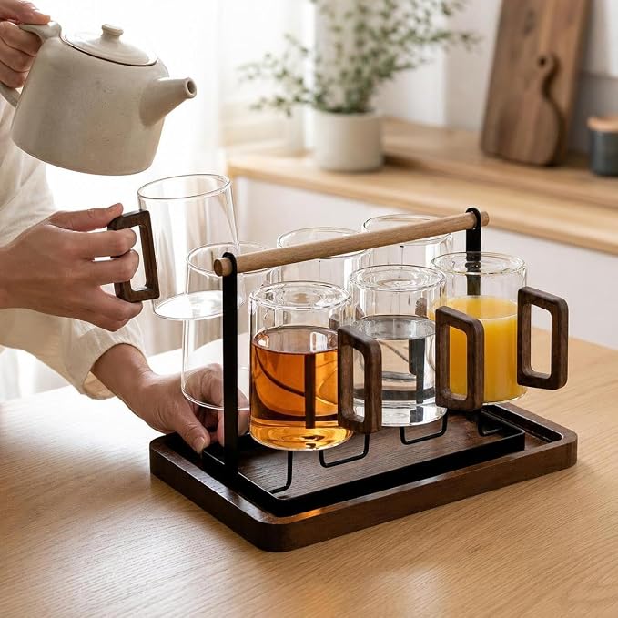Borosilicate Glassware Set - Heat Resistant Drinking Glasses Set for Hot and Cold - for Home Use, Transparent wooden handle cups (300ML)*6 + wooden handle cup holder + tray - Image 4
