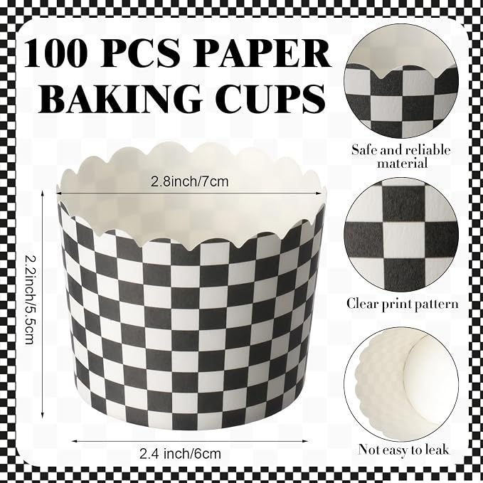 Qinyoung 150 Pcs Race Car Checkered Cupcake Wrappers Liners Black and White Paper Baking Cup Greaseproof Disposable Scalloped Checkered Flag Muffin Case for Racing Car Birthday Party Baby Shower Decor - Image 2