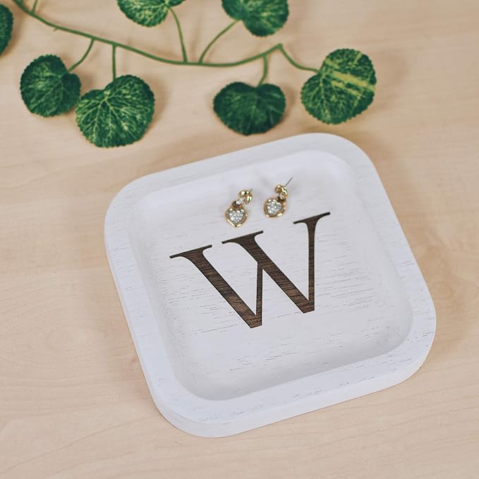 I'm Wooden Personalized Letter Catchall Valet Tray Trinket Dish Jewelry Tray Key Bowl Decorative Plate Organizing Ring Earrings Necklaces Bracelet Watch Coins Wallet Holder (6"x6" Sq White W)