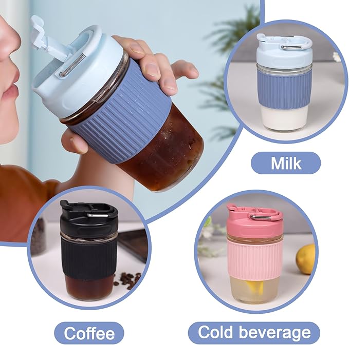 Sivaphe Reusable Glass Ice Hot Coffee Cup 16 oz, Portable Travel Mug with Spill-Proof Lid and Thermal Sleeve for Home Office Black