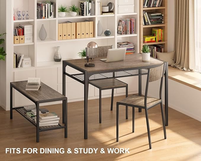 Gizoon 4-Piece Dining Table Set for 4, Kitchen Table with Bench Grey | Space-saving grey 4-piece dinette set with metal storage rack. Includes 2 ergonomic chairs and 1 bench. Easy to clean. - Image 7