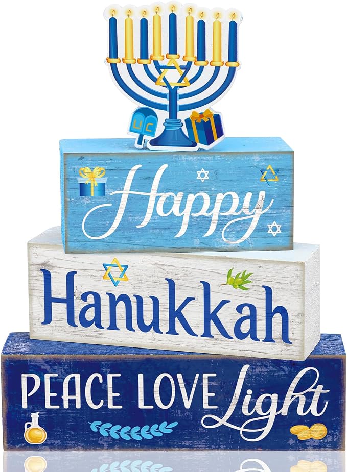 Moucuny 4 Pcs Hanukkah Decorations for Home Chanukah Table Decor Wooden Menorah Decoration Hanukkah Centerpiece Rustic Decorative Menorah Block Signs Gift Farmhouse Jewish New Year Decoration for Home by Moucuny