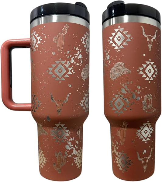 Tumbler, 40oz Tumbler, Western Tumbler, Engraved Cup with Handle, Cute Coffee Mug, 40oz Coffee Mug (Rust(8)-Western(D))