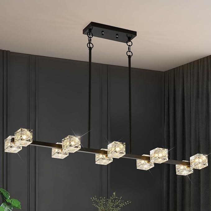 Black Gold Crystal Chandelier 10-Light L 43" Modern Sputnik Ceiling Pendant Light Fixture Industrial Adjustable Hanging Lights for Dining Room Kitchen Island Living Room Bar by PoemoonLighting