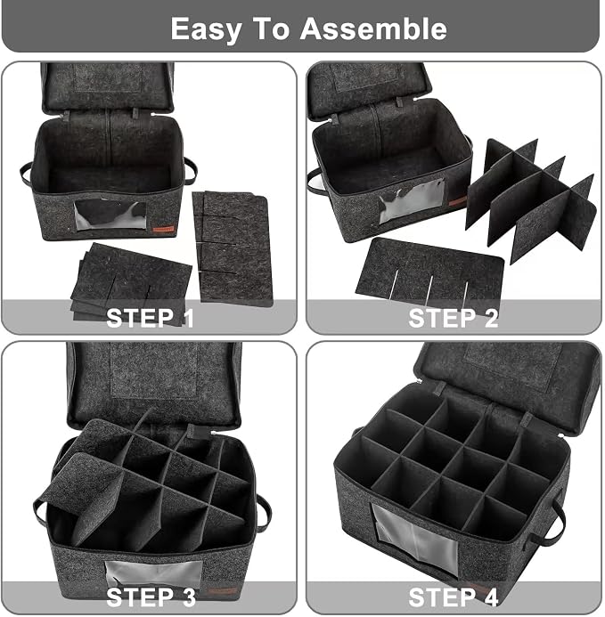Foyego Wine Glass Storage Box with 24 Dividers, Dark Gray, 2 Pack | Visible Window, Soft Handles, for Packing and Moving, Stackable Storage Containers for Stemware, Glassware, Crystal Glasses - Image 3