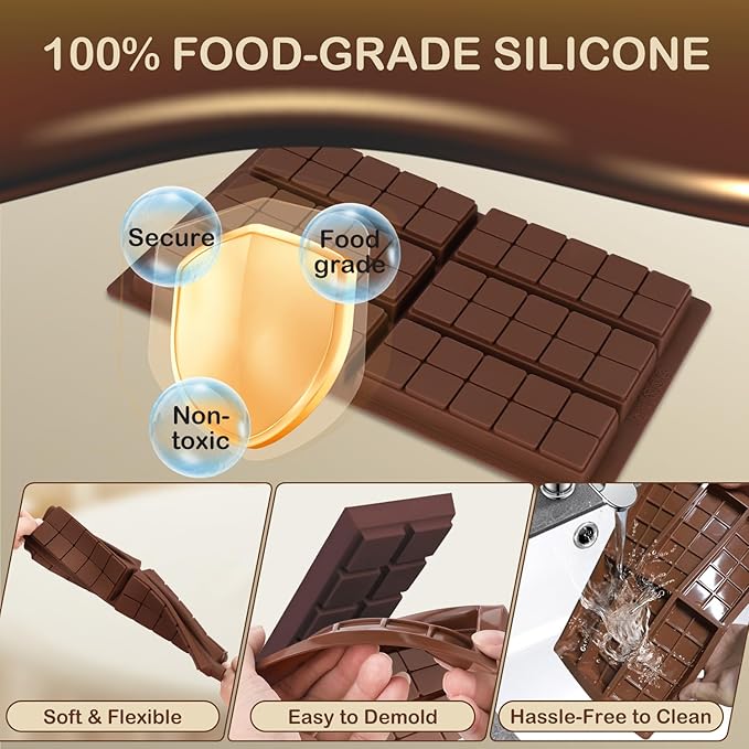 Chocolate Bar Mold, Set of 2 Non-Stick Silicone Chocolate Molds for Stuffed Bar, Food Grade Square Candy Bar Molds for Dubai Pistachio Rod, Snacks, Candies, Desserts (10 Snap)