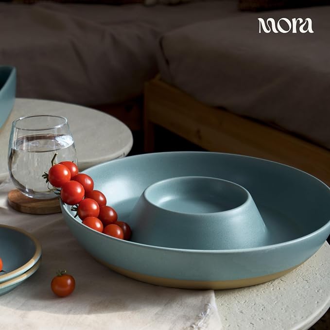 MORA Ceramic Chips and Dip Serving Tray: Large Divided Party Bowl Set for Chips & Salsa, Veggies & Dip, Fruit, Snacks, Entertaining, Hosting, etc. Minimalist Design for the Modern Hostess - Iris - Image 5