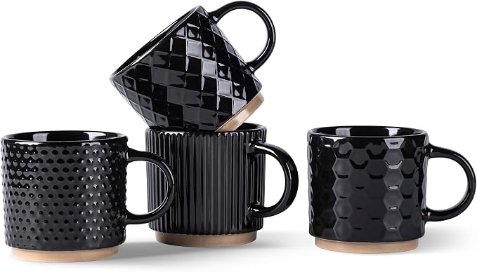 GBhome 6 OZ Stackable Coffee Mugs Set of 4, Ceramic Coffee Cups Set | 4 Assorted Designs, Embossed Mugs with Texture Patterns for Espresso/Tea, Dishwasher&Microwave Safe, Black by GBhome