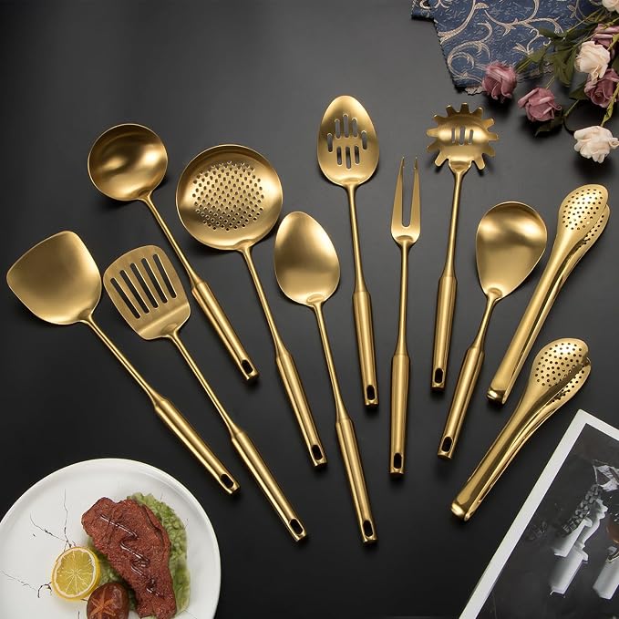 304 Stainlss Steel Matte Kitchen Utensils Set, 11 Pcs Long Metal Cooking Utensil Gadgets Tools Set with Spatula, Spoon, Ladle, Skimmer, Tunner, Pasta Server, Tongs(Gold, Dishwasher Safe) - Image 2