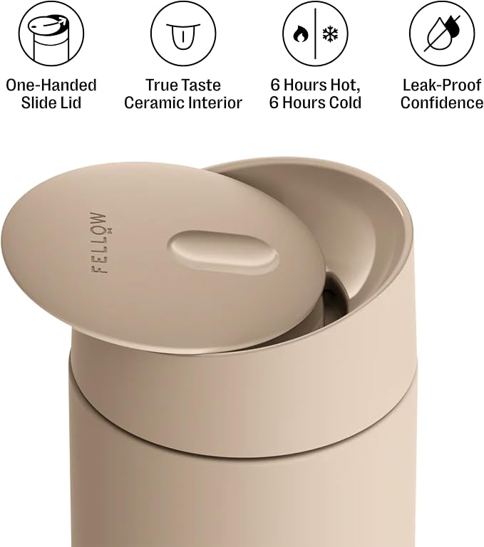 Fellow Carter Slide Ceramic Lined Travel Coffee Mug 12 oz, One-Handed Lid | No Metallic Taste Stainless Steel Coffee Tumbler, Leak-Proof, Hot 6Hr Cold 6Hr, BPA-Free, Dishwasher Safe, Sand Dune - Image 2