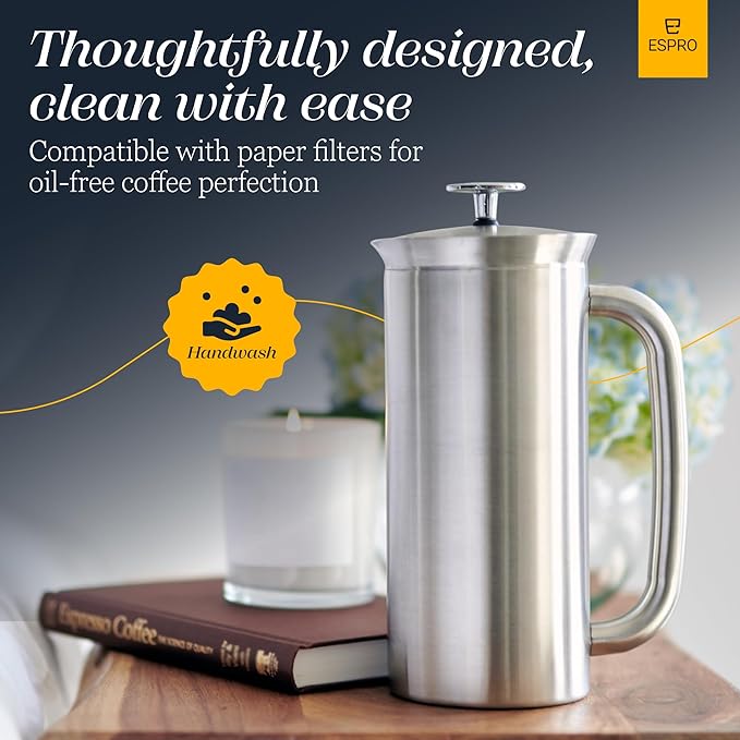 ESPRO P7 French Press Stainless Steel 304 – Patented Double Walled Micro-Filter Insulated French Press Coffee Maker, Grit-Free Brew - Heat Resistant BPA Free (32oz)