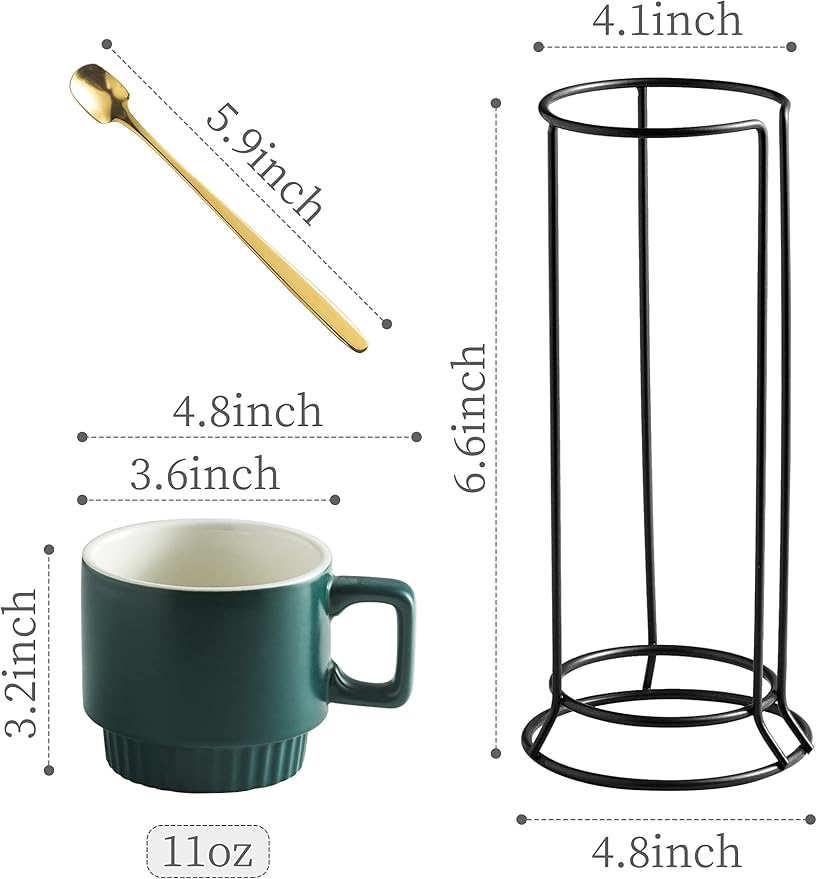 Miamolo Stackable Coffee Mugs Set of 4 with Holder Spoons 11oz Ceramic Cappuccino Cups for Espresso Latte Tea Drinks, Father's Day,Dishwasher & Microwave Safe, Green - Image 2