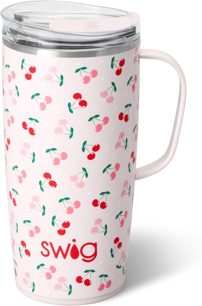 Swig Life 22oz Insulated Travel Mug with Handle & Lid, Cherry Pie | Triple Insulated Stainless Steel - Handle & Lid Included - Keeps Coffee Hot or Cold - Cup Holder Friendly by SwigLife