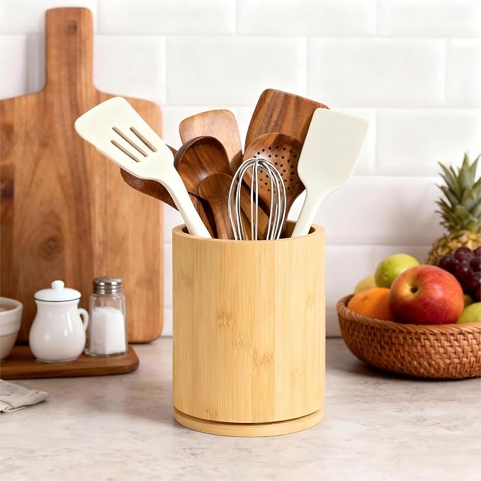 Bamboo Wood Utensil Holder, 360° Rotating 7.3 in Kitchen Organizer | Rustic farmhouse countertop decor. 360° rotating base holds spatulas, ladles, tongs, and cooking tools. Natural bamboo wood. - Image 8