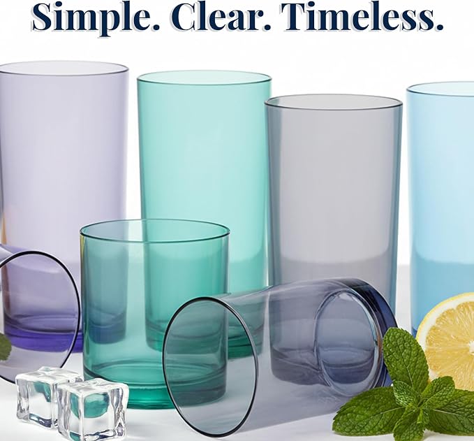 US Acrylic Classic Plastic Reusable Drinking Glasses (Set of 8) 12oz Rocks & 16oz Water Cups in Coastal Colors | BPA-Free Tumblers, Made in USA | Top-Rack Dishwasher Safe - Image 6