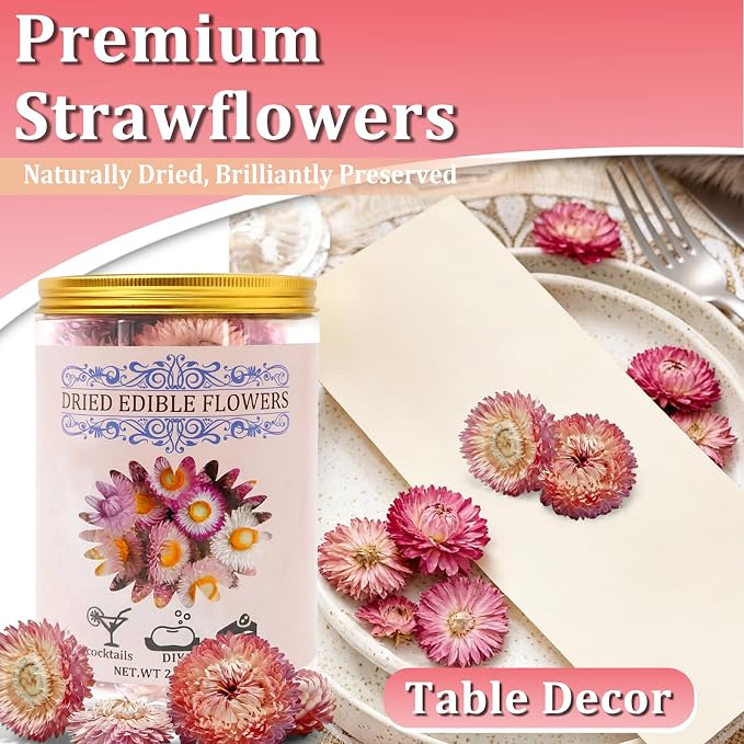 90+ Food Grade Pink Flowers for Cake and Cocktails Decorating – Culinary-Grade Dried Pink & White Strawflowers for Garnish, Baking, and Drink Toppers - Image 6