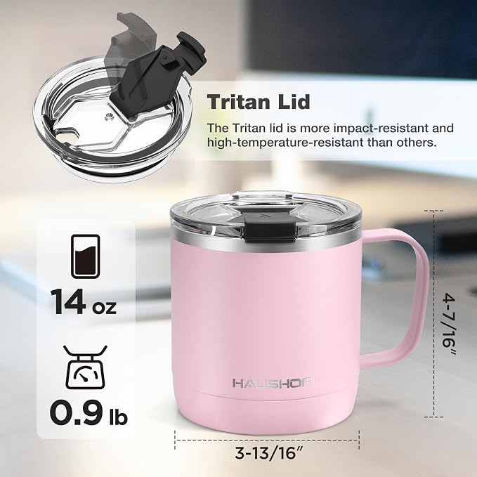 HAUSHOF 14 oz Coffee Mug, Insulated Coffee Mug with Handle, Travel Camping Cup, Portable Stainless Steel Coffee Cup, Insulated Coffee Cups with Lid, Pink - Image 2