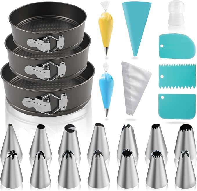 122PCs Cake Pan Sets for Baking, 7/8/9 Inch Round Cake Pans, Nonstick Springform Cake Pans, Cheesecake Baking Pans with 100 Pcs Piping Bags, 16 Pcs Nozzles, 3 Pcs Scrappers by Unknown