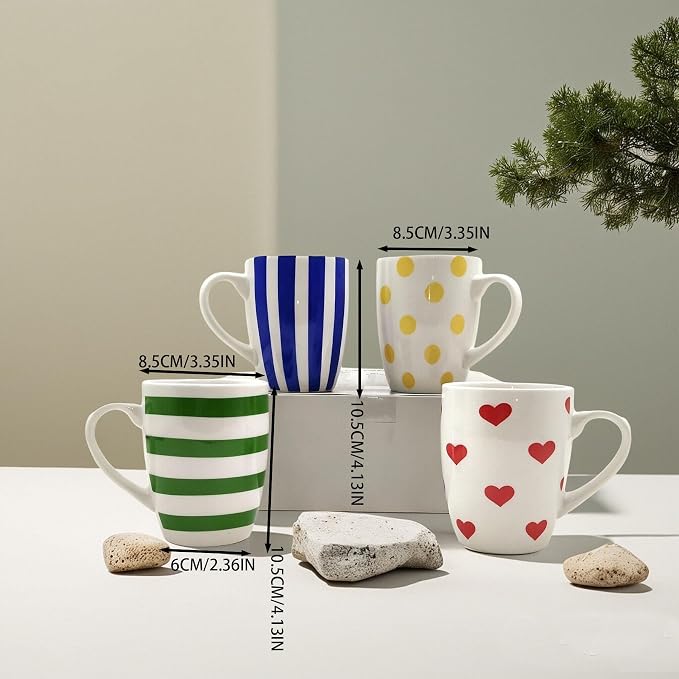 Colorful Porcelain Mug Set of 4 Include Stripes, Polka Dot & Heart Ceramic Coffee Mugs, Gift Boxed Kitchen Cup Set, Bright Everyday Cups for Family, Office & Parties,Housewarming Gift - Image 3