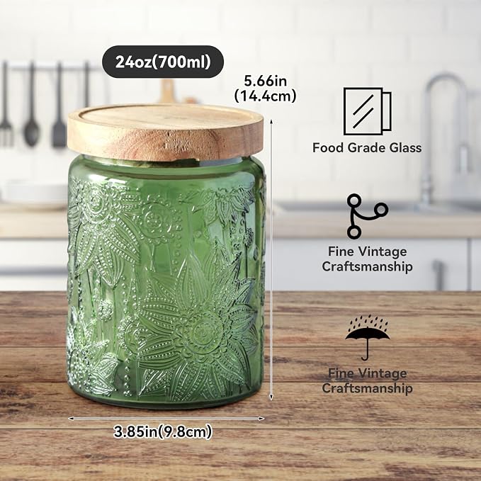 Comeon Vintage Glass Jar Food Storage Container With Lid, Cookie Candy Jar | Durable Glass, Lid Included, Multipurpose Kitchen And Office Storage, Green Garden Design - Image 3