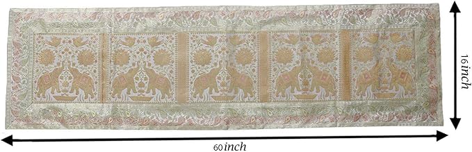 Indian Handmade Elephant Design Table Runner Traditional Decorative Ethnic Kitchen Table Cloth for Wedding Bridal Birthday Party Decorations Bridal Shower Baby Shower, 60 X 16 White & Gold Color - Image 3
