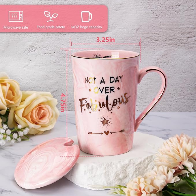 Funny Birthday Gifts for Women - 14Oz Not a Day Over Fabulous Coffee Mug Printed with Gold, Happy Birthday Gift Ideas for Her Bday, Mom, Sister, Best Friends Female, Christmas Ceramic Cup Gift, Pink - Image 2