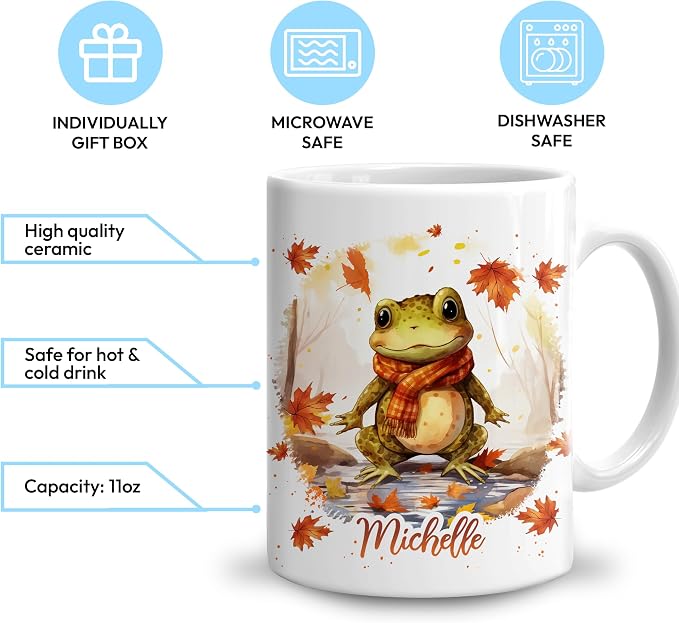Hyturtle Personalized Fall Frog Maple Leaves Coffee Mug, Fall Autumn Décor | Birthday Gifts For Frog Lovers - Gifts For Farmhouse Thanksgiving - Custom Name 11oz White Ceramic Coffee Tea Mug - Image 3