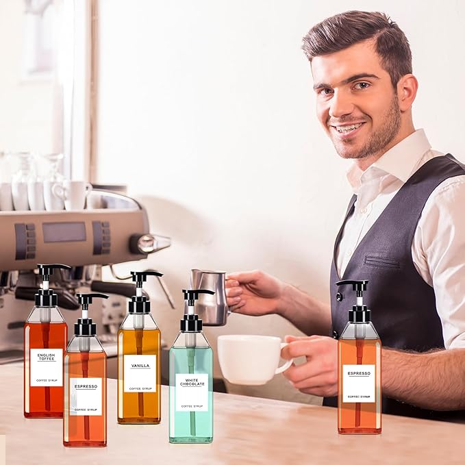 Nuogo 6 Pcs Coffee Syrup Dispenser Set 300ml, 500ml, 750ml Black Syrup Bottles with Pump Dispenser 27 Labels Kitchen Accessories(25.4 oz)