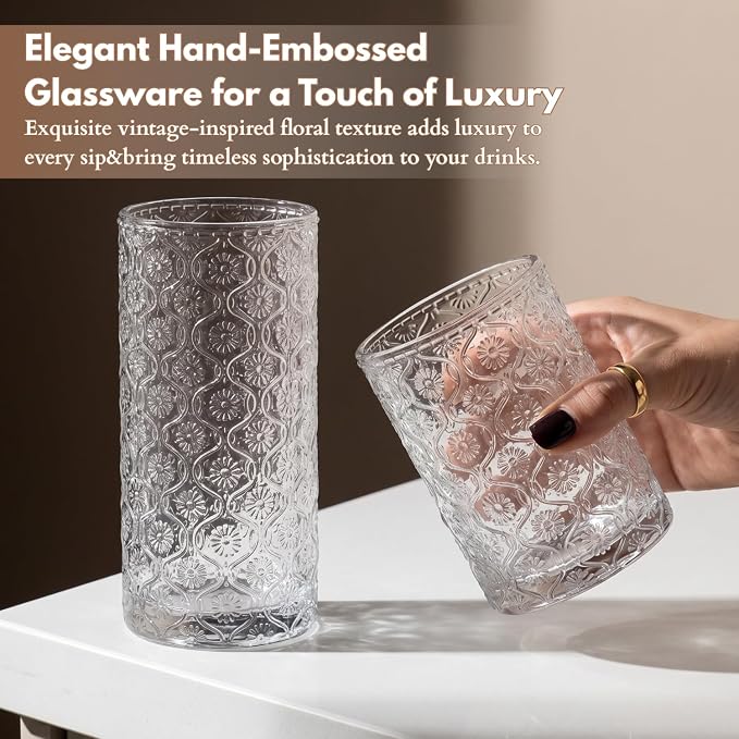 Clear Drinking Glasses Set of 8, 12 Oz Highball & 10 Oz Cocktail Glasses with Straws, Thick Glass Iced Coffee Cups, Floral Embossed Kitchen Vintage Glassware Set for Water, Beer, Juice, Whiskey - Image 6