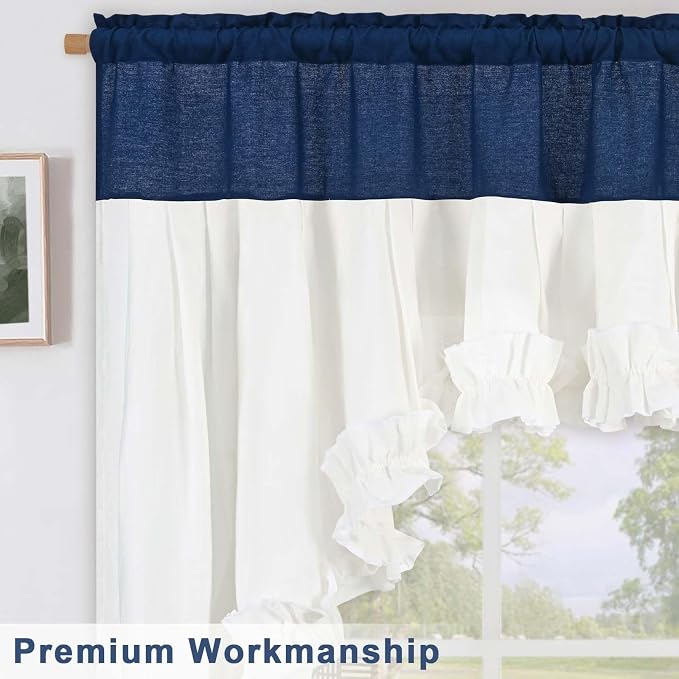 Likiyol Linen Valances for Windows Farmhouse Ruffle Swag Valance Rustic Country Window Valances Light Filtering Kitchen Curtains Rod Pocket Valance Curtains for Bathroom, Navy Blue White, 60"W x 36"L - Image 7