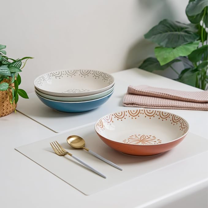 Sango 4-Piece Speckled Stoneware Pasta Bowl Set- Wide Shallow Dinner Bowls with Hand-Painted Rustic Design, Farmhouse Glossy Large Ceramic Bowls for Pasta, Salad & Everyday Meal, Siterra Glazed Garden - Image 4