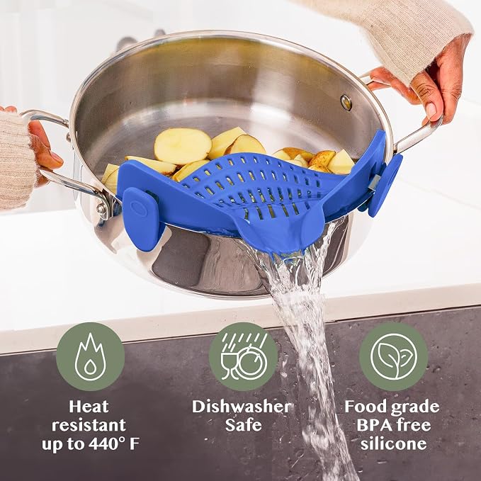 Kitchen Gizmo Snap N' Strain - Silicone Clip-On Strainer for Pots, Pans, and Bowls - Heat-Resistant Kitchen Gadgets, Essential Colander Drainer for Vegetables and Pasta - 7.87x2.76x4.53-Inch (Blue) - Image 5