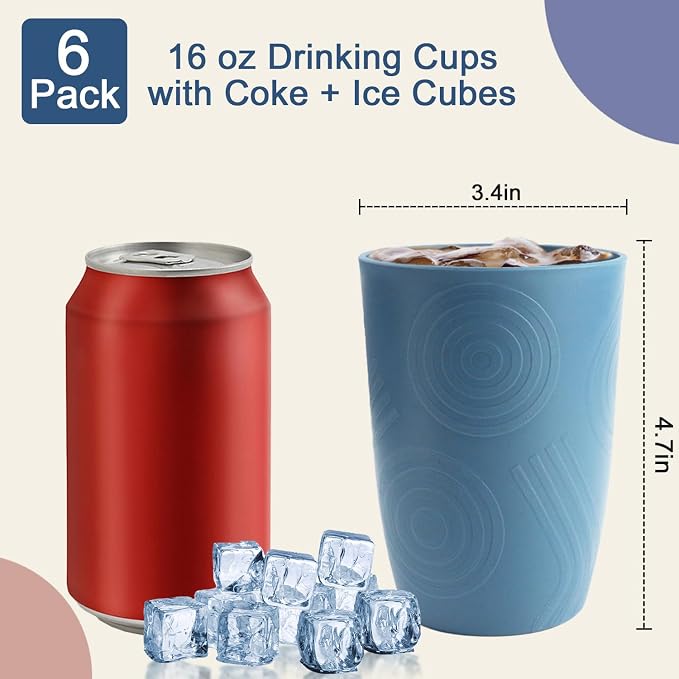 16oz Plastic Drinking Glasses, Wheat Straw Cups Set of 6 - Unbreakable & Stackable Kitchen Cups, Reusable Plastic Cups, Dishwasher Safe Water Tumbler for Party, Camping - Blue - Image 2