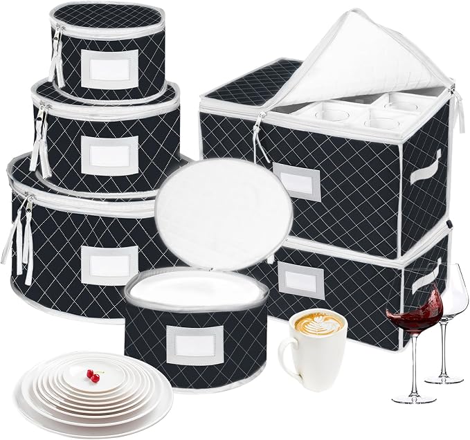 China Dinnerware Storage Containers Set- Dish,Mug,Stemware Storage Cases - Quilted Box Bins Stackable with Divider,handles,Clear Window for Cups,Plates,Wine Glasses Moving Set of 6 (Black) by VERONLY