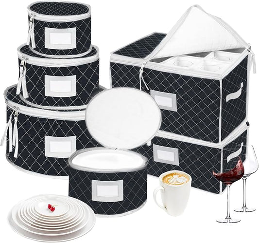 China Dinnerware Storage Containers Set- Dish,Mug,Stemware Storage Cases - Quilted Box Bins Stackable with Divider,handles,Clear Window for Cups,Plates,Wine Glasses Moving Set of 6 (Black) by VERONLY