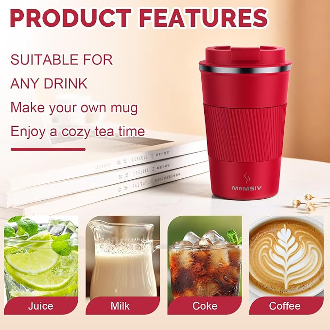 MOMSIV 12oz Travel Mug, Insulated Coffee Cup with Leakproof Lid, Vacuum Stainless Steel Double Walled Reusable Tumbler for Hot and Cold Water Coffee and Tea | 6-Hour Heat Retention, 360°Leak proof, Vacuum Stainless Steel Double Walled, BPA-free, Reusab... - Image 4