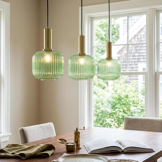 KCO Small Brushed Brass Gold 7.9” Vintage Green Ribbed Glass Pendant Light | E26 Base, Mid Century Modern Adjustable Hanging Light Fixture for Sloped Ceiling Kitchen Island Sink Bedroom Dining Hallway - Image 7