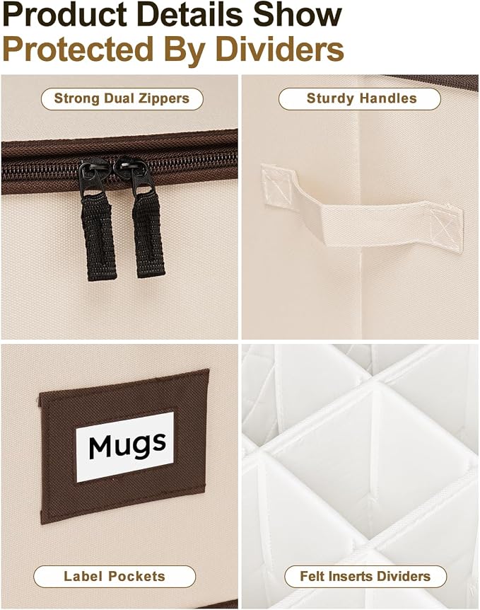punemi Mug Storage Organizer, 2-Pack Hard Shell Boxes for Packing & Moving | Padded dividers, stackable design and carry handles for coffee mugs, tea cups and china storage, beige - Image 7
