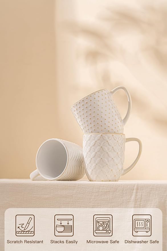 FOBENTA Ceramic Coffee Mugs Set of 4, 12oz Embossed Cups with Elegant Patterns – A Thoughtful Gift for Women, Mom, or Friends,Perfect for Tea, Latte, Cocoa (Arctic White, 12 OZ) - Image 5