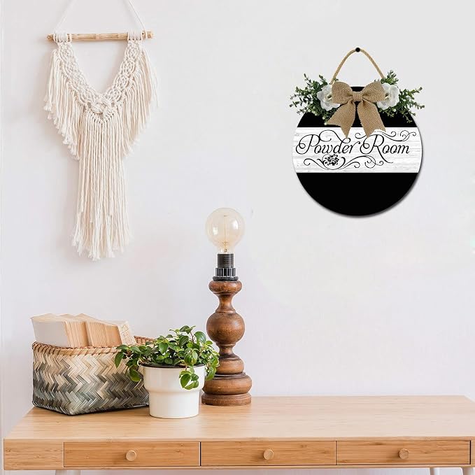 Powder Room Door Sign Round Wooden Wall Sign Rustic Wreath Decor for Front Door Porch Home Wall Farmhouse Decorations 11inch - Image 4