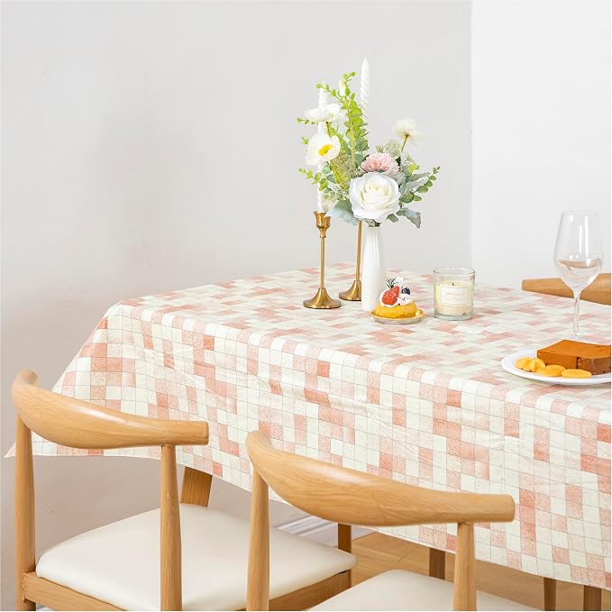 FIFTY FEET 84X60 Inch Rectangle Tablecloth, Vinyl Tablecloth with Flannel Backing Waterproof Table Cloth, Spill Proof Picnic Table Cover for Outdoor/Indoor/Camping/Dining(Beige Plaid) - 3 Packs - Image 9