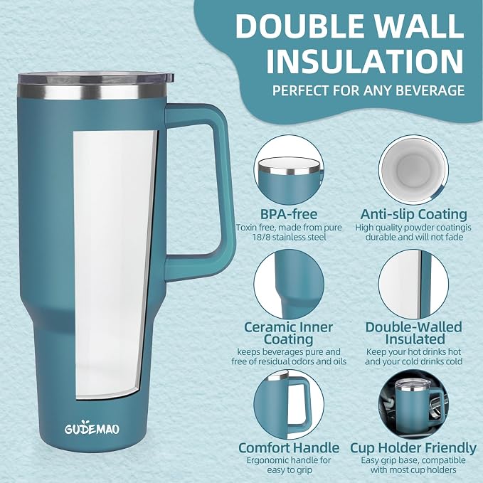 40 oz Insulated Coffee Mug with Ceramic Coating, Stainless Steel Travel Coffee Tumbler with Handle Lid and Straw, Double Wall Leak-Proof Coffee Travel Mug Keeps Drink Hot and Cold (Lake Green) - Image 3