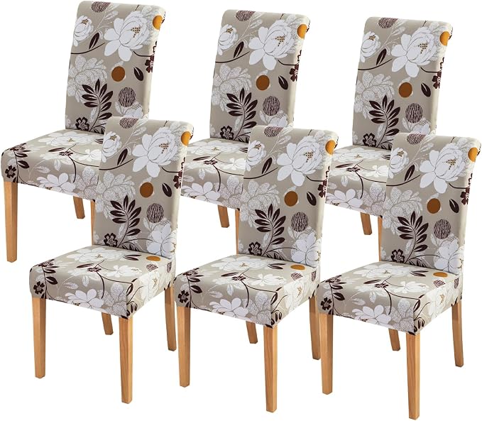 FORCHEER Chair Covers for Dining Chairs Set of 6,Beige Floral Stretch Dining Room Chair Cover Kitchen Parsons Chair Slipcovers (Pack of 6, Beige+Floral) by FORCHEER