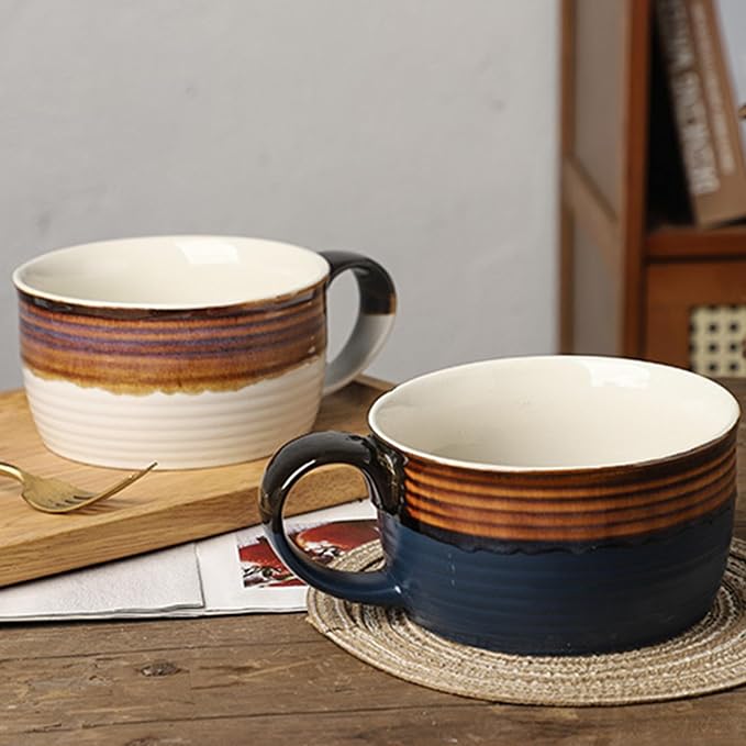 Disoza Blue & Brown Large Ceramic Soup Mug with Handles 24 OZ Oversized Bowl Porcelain 700 ML Coffee Tea Cup XXL Cereal Soups Ramen Salad Bowl - Image 8