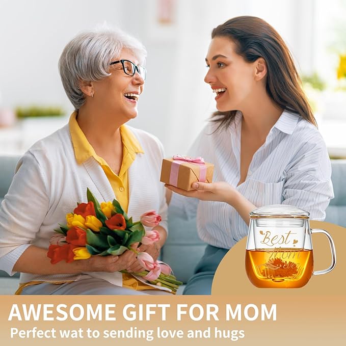 Glass Tea Cup 17.6oz, “Best Mom Ever” Mothers Day Cup with Gift Box, Gifts Mug for Mom, Glass Mug Teacup, Tea Cups for Mom Birthday, Perfect for Grandma & Daughter