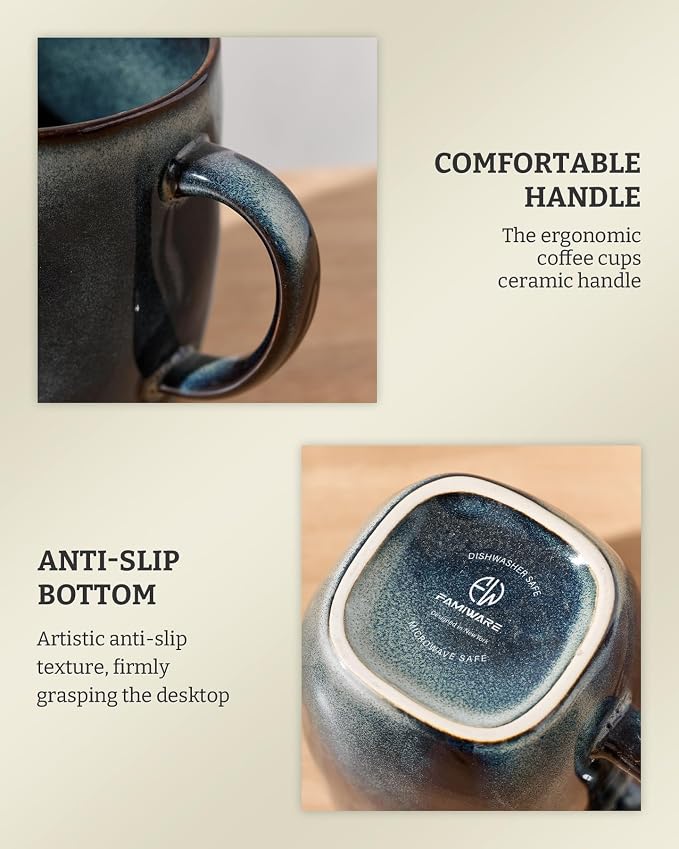 famiware Coffee Mugs Set of 4, Ocean Square 13oz Coffee Cup Set with Handle for Cocoa, Milk, Hot Chocolate, Stoneware Cups for Kitchen, Reactive Glaze, Microwave and Dishwasher Safe, Deep Forest - Image 7