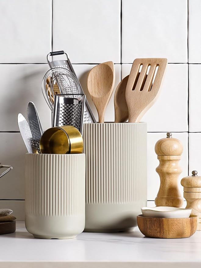 LE TAUCI Utensil Holder for Kitchen Counter, 7.3"+5.4" Fluted Ceramic Utensil Crock Organizer for Countertop, Heavy Large Holder for Spatulas, Spoons, Set of 2, Oatmeal Greige - Image 3