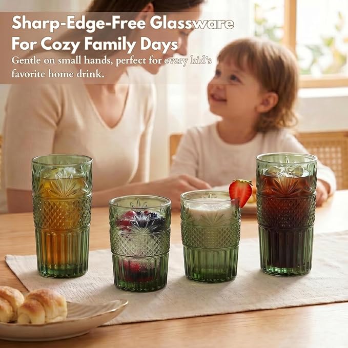 Green Drinking Glasses Set of 12, 12 Oz Highball & 10 Oz Cocktail Glasses, Green Kitchen Vintage Glassware Set, Floral Embossed Glass Tumbler Cups for Beer, Juice, Whiskey, Coffee(Pineapple) - Image 5