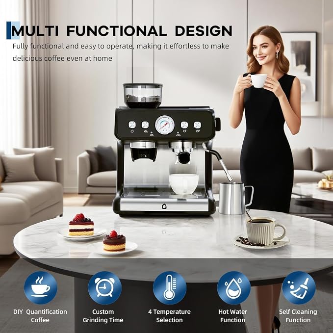 Deluxe Espresso Machine with Double Boiler, Built-in Burr Grinder | 30 Grind Settings, 2.8L Removable Tank, Use Milk Frother and Brew Espresso Simultaneously, Coffee Maker Steam Wand, Silvery - Image 6